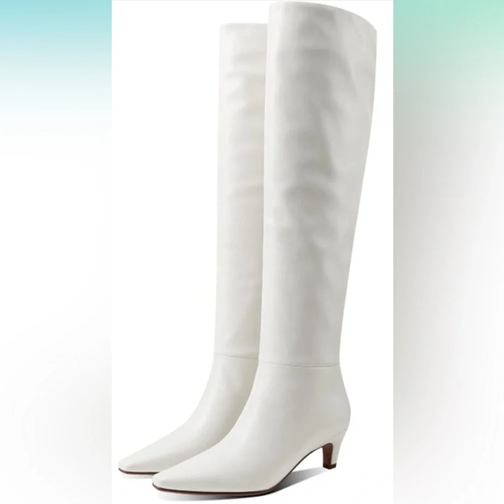 Square Toe Slip On Wide Calf Slouch Low Kitten Heel Over The Knee High Boots
